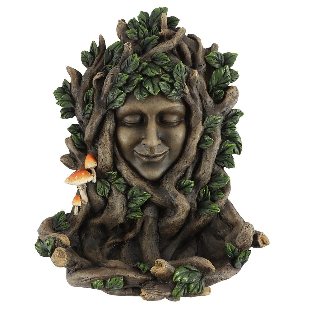 Wall plaque bird feeder of a green man goddess face surrounded by leaves and branches with mushrooms on a white background