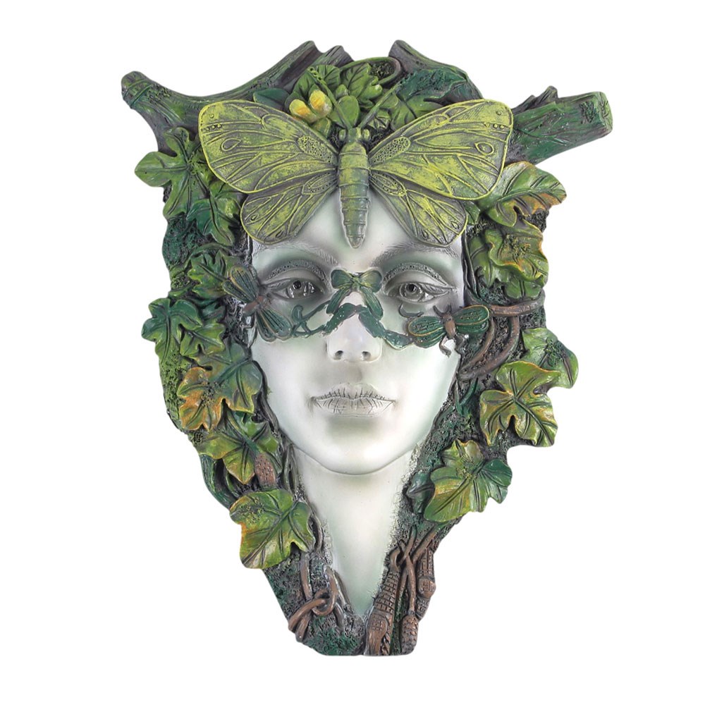 Decorative wall plaque with green leaves and a butterfly on a white background
