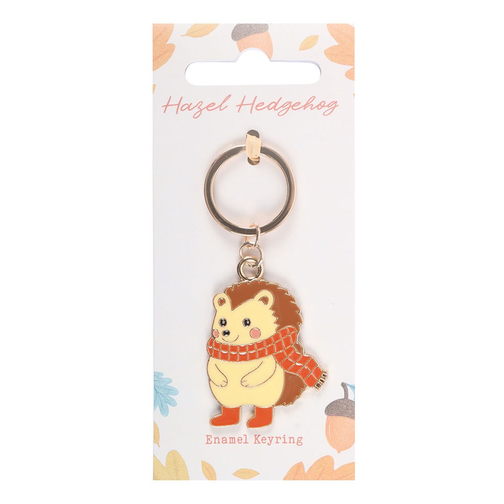 Keyring with hedgehog design on a branded card