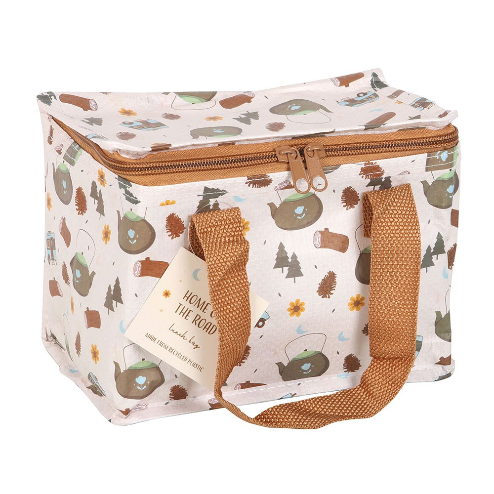  insulated lunch bag with nature-themed design and brown handle on a white background