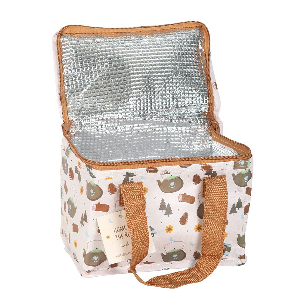 Insulated lunch bag with nature-themed design on a white background