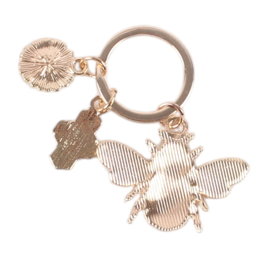 metal back of honey bee enamel keychain featuring a large bumblebee charm, shown on a plain white background.