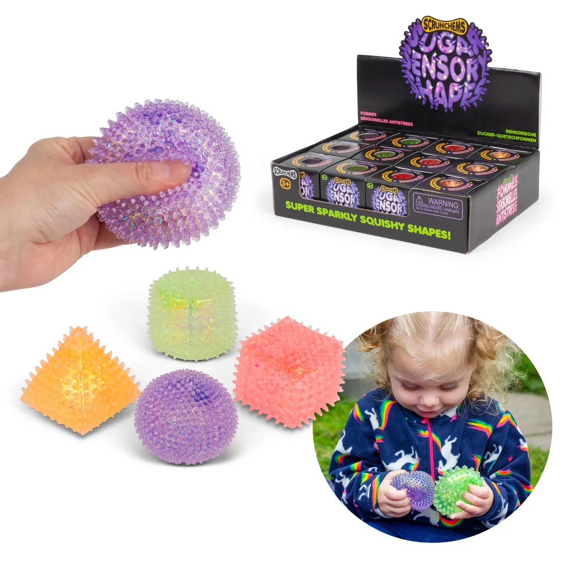 Colourful textured Scrunchems Sensory Sugar Shapes with a hand holding one, a display box, and a child playing with them.
