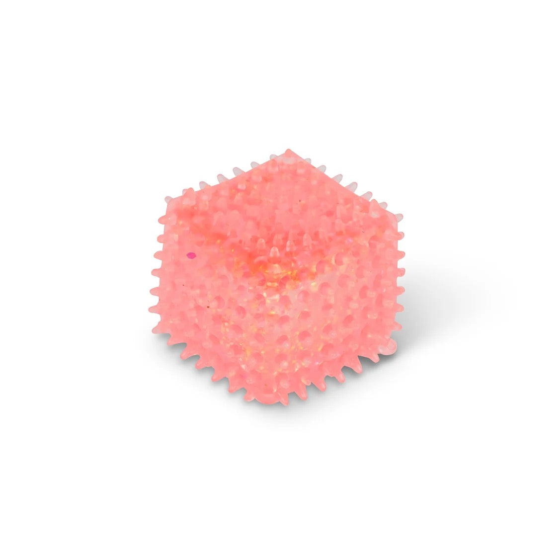 A translucent pink textured Scrunchems Sensory Sugar Shapes cube with a bubbly, porous surface and serrated edges, shown on a clean white background.