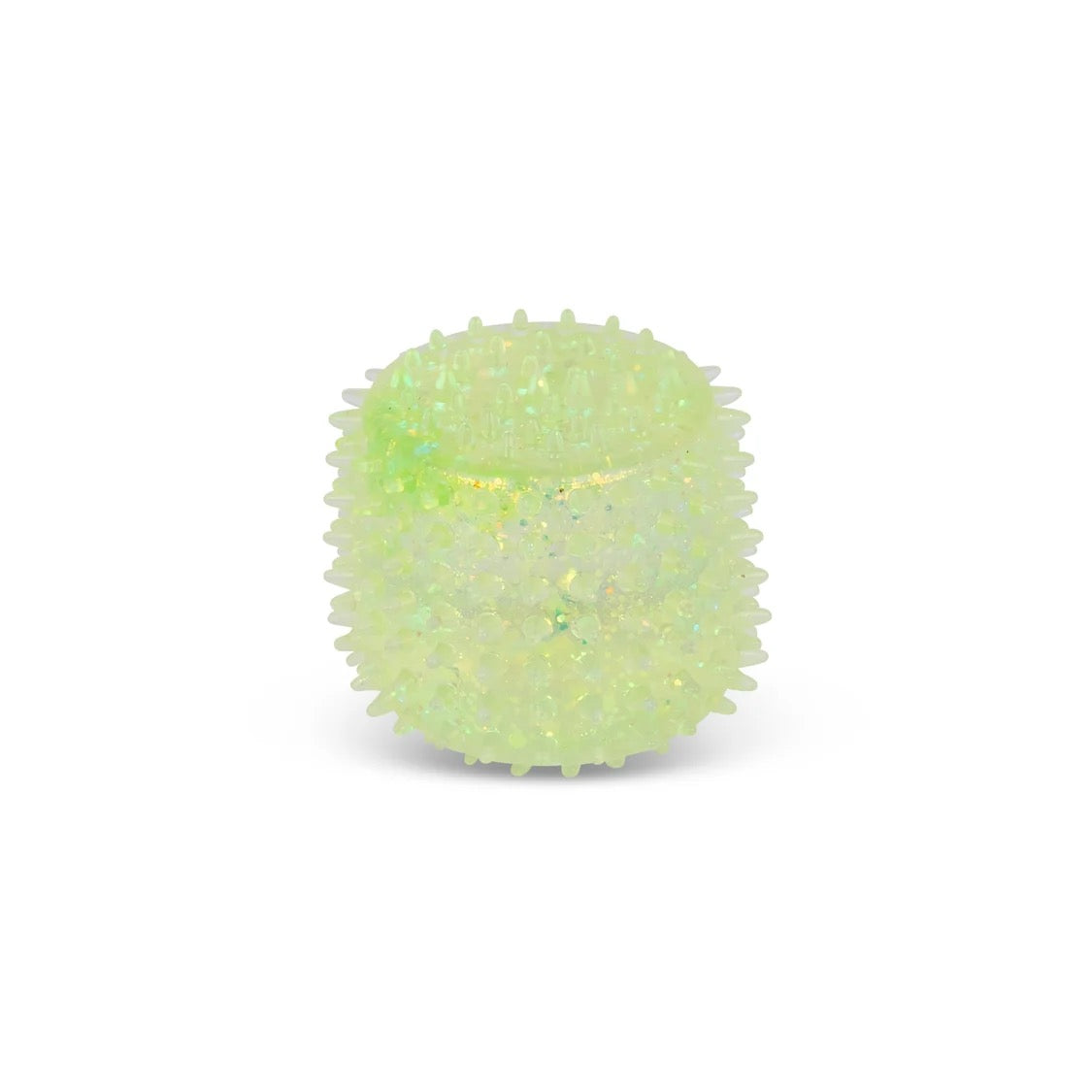A small, round, spiky Scrunchems Sensory Sugar Shapes made of translucent, glittery pale green material, centered on a plain white background.