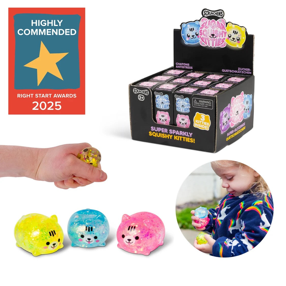 Super Sparkly Squishy Kitties with packaging and child playing with them