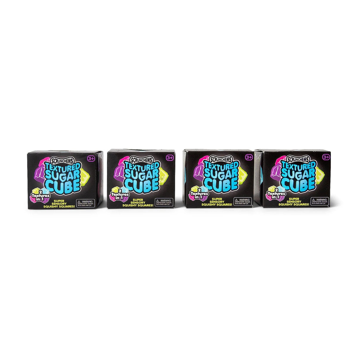 Four boxes of Scrunchems Sugar Cubes, arranged in a row on a white background.