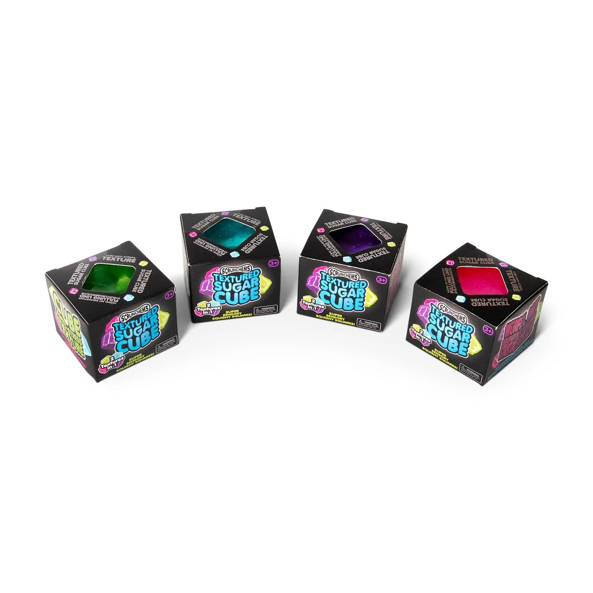 Four boxes of 'Scrunchems Sugar Cube' with colourful contents on a white background