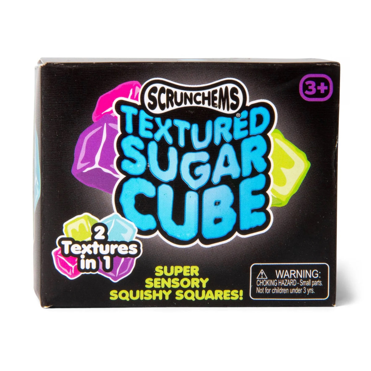 Scrunchems Textured Sugar Cube sensory squishy squares toy box, featuring a black background with colorful text and graphics of purple, pink, blue, and green sugar cube textures.