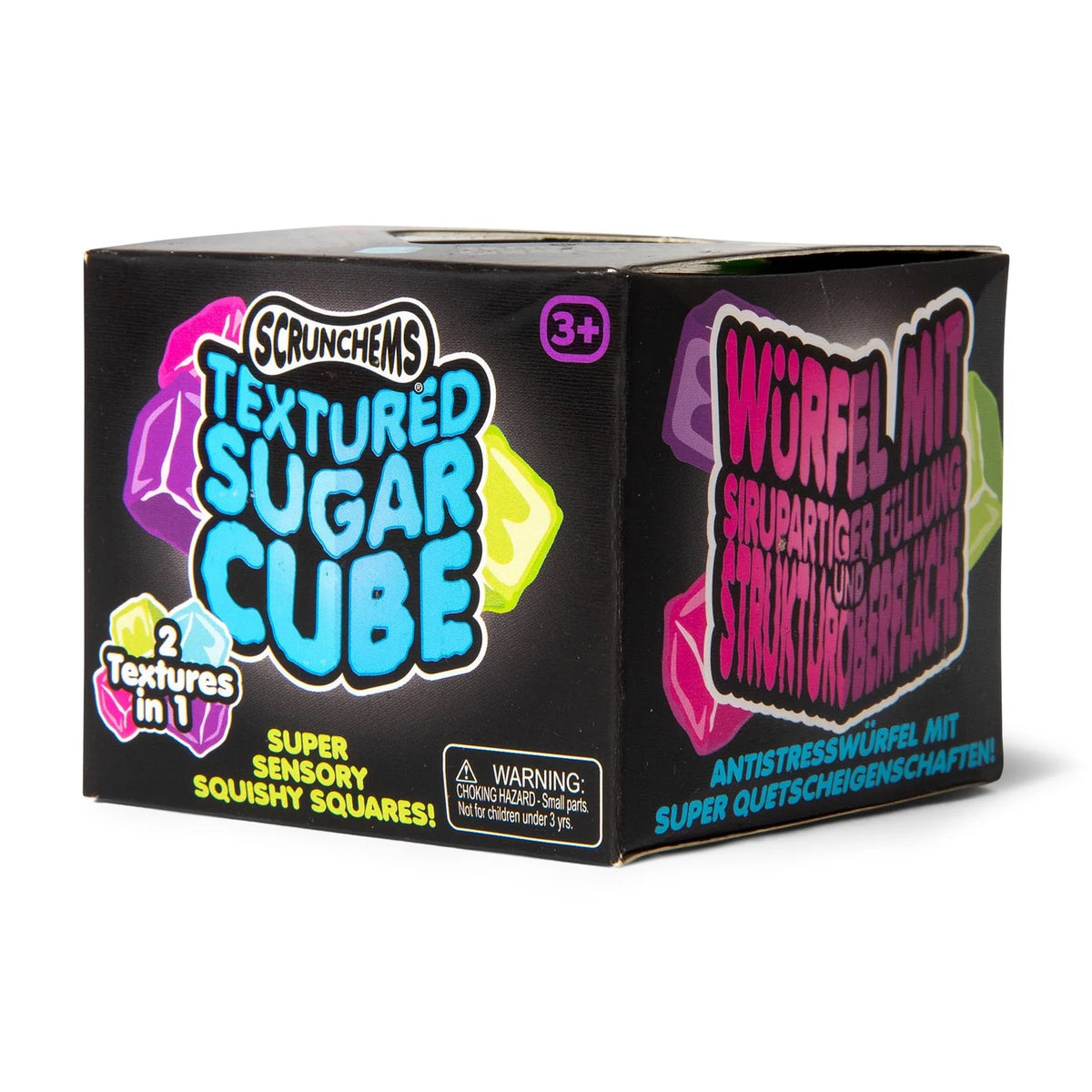 Box of Scrunchems Textured Sugar Cube with colorful text and graphics on a white background