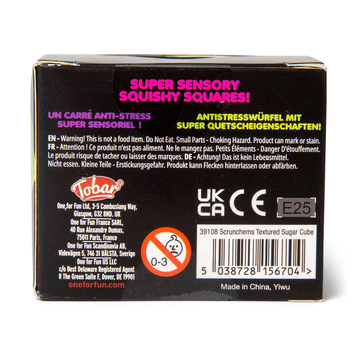 Back of a packaging box for 'Super Sensory Squishy Squares' with text and branding.