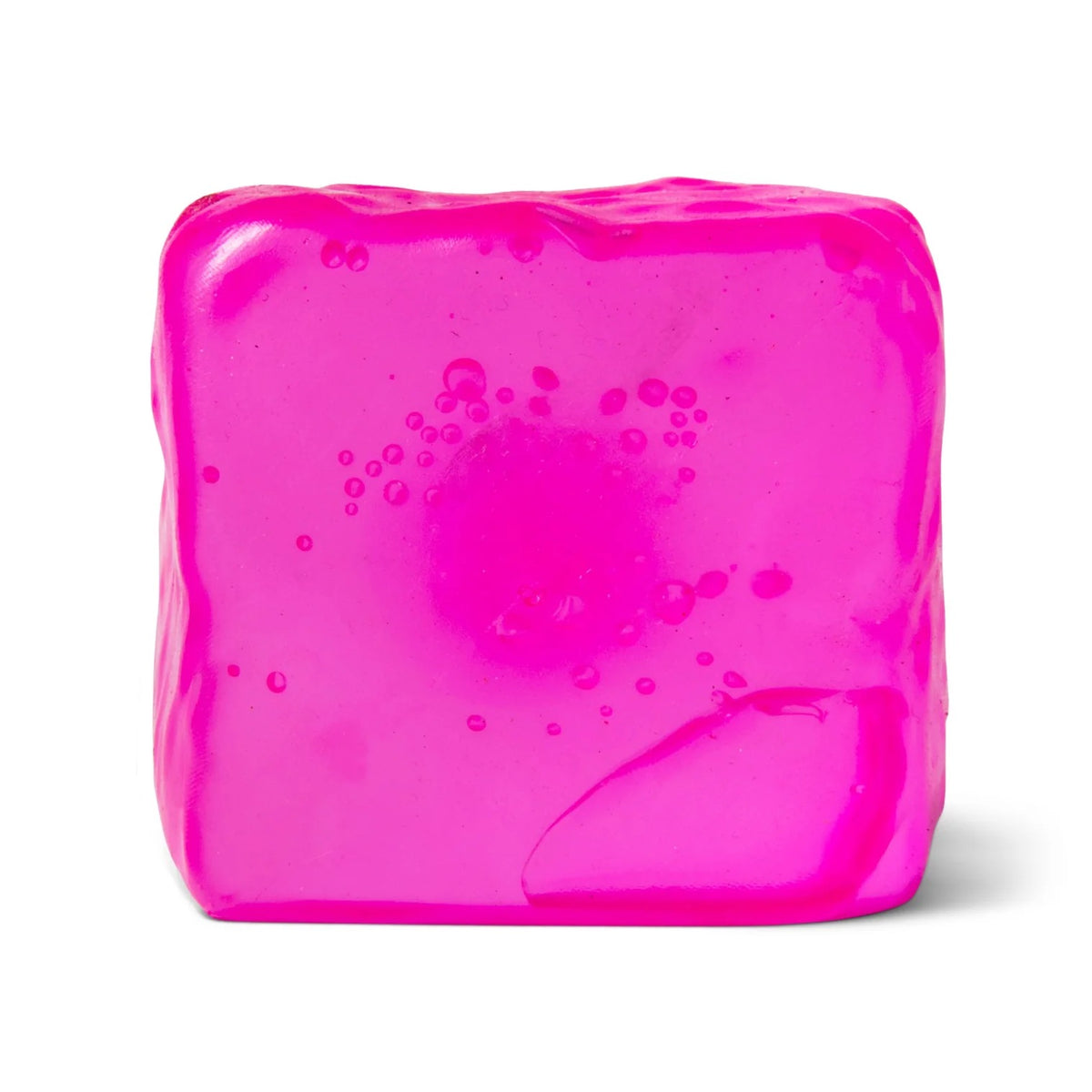 A bright hot pink translucent square Scrunchems Sugar Cube block with a bubbly texture, photographed on a clean white background.