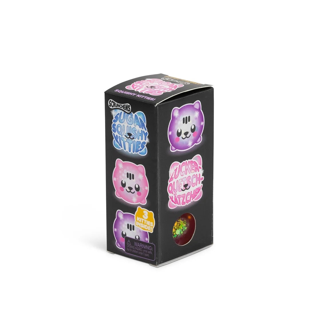 Box of Squishy Cats with colorful cat-themed packaging on a white background