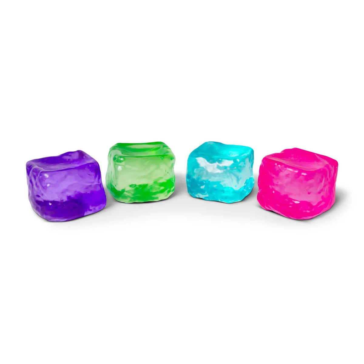 Four colourful Scrunchems Sugar Cube ice cube-shaped objects on a white background