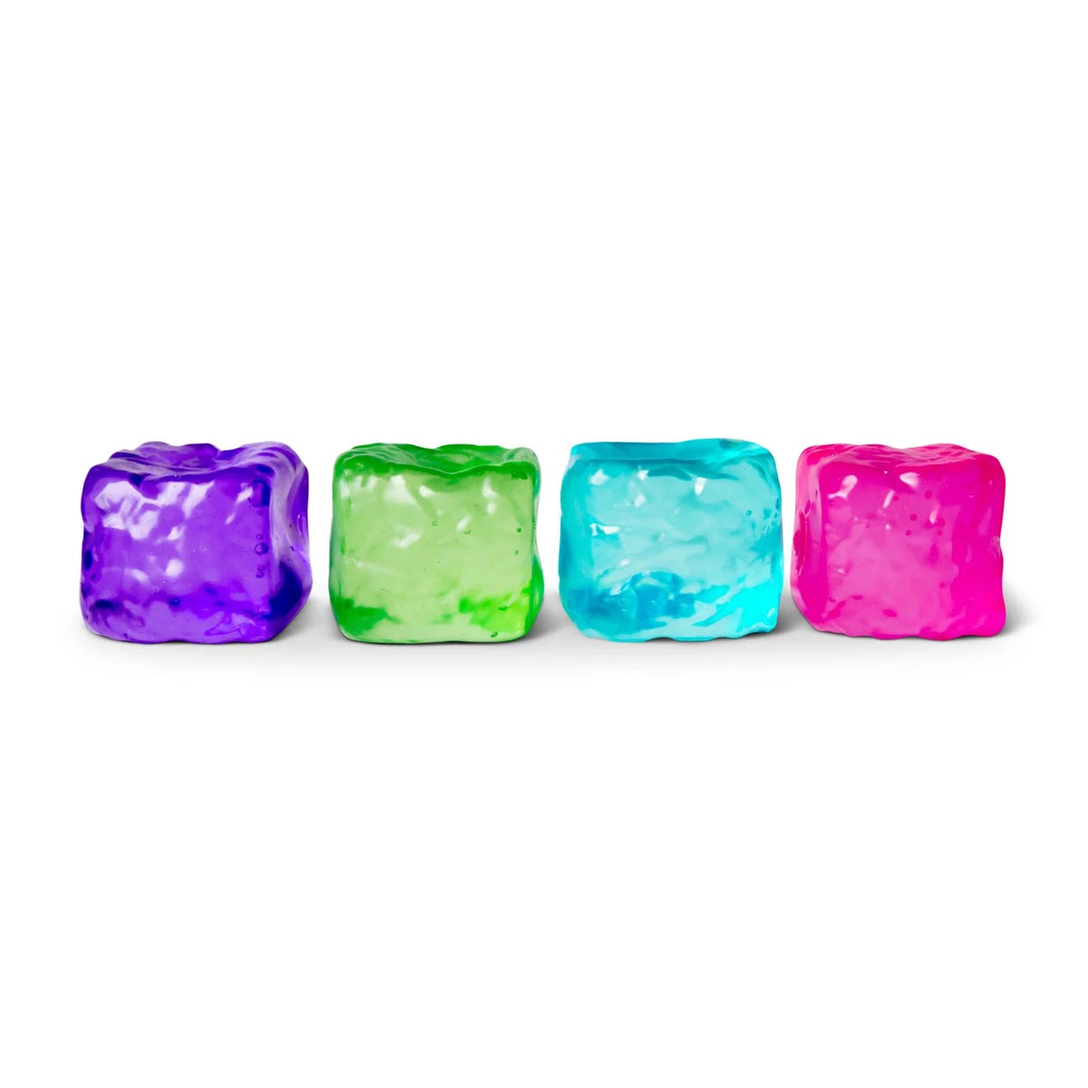 Four translucent Scrunchems Sugar Cube cube-shaped decorative pieces in purple, green, blue, and pink, arranged in a row on a white background.