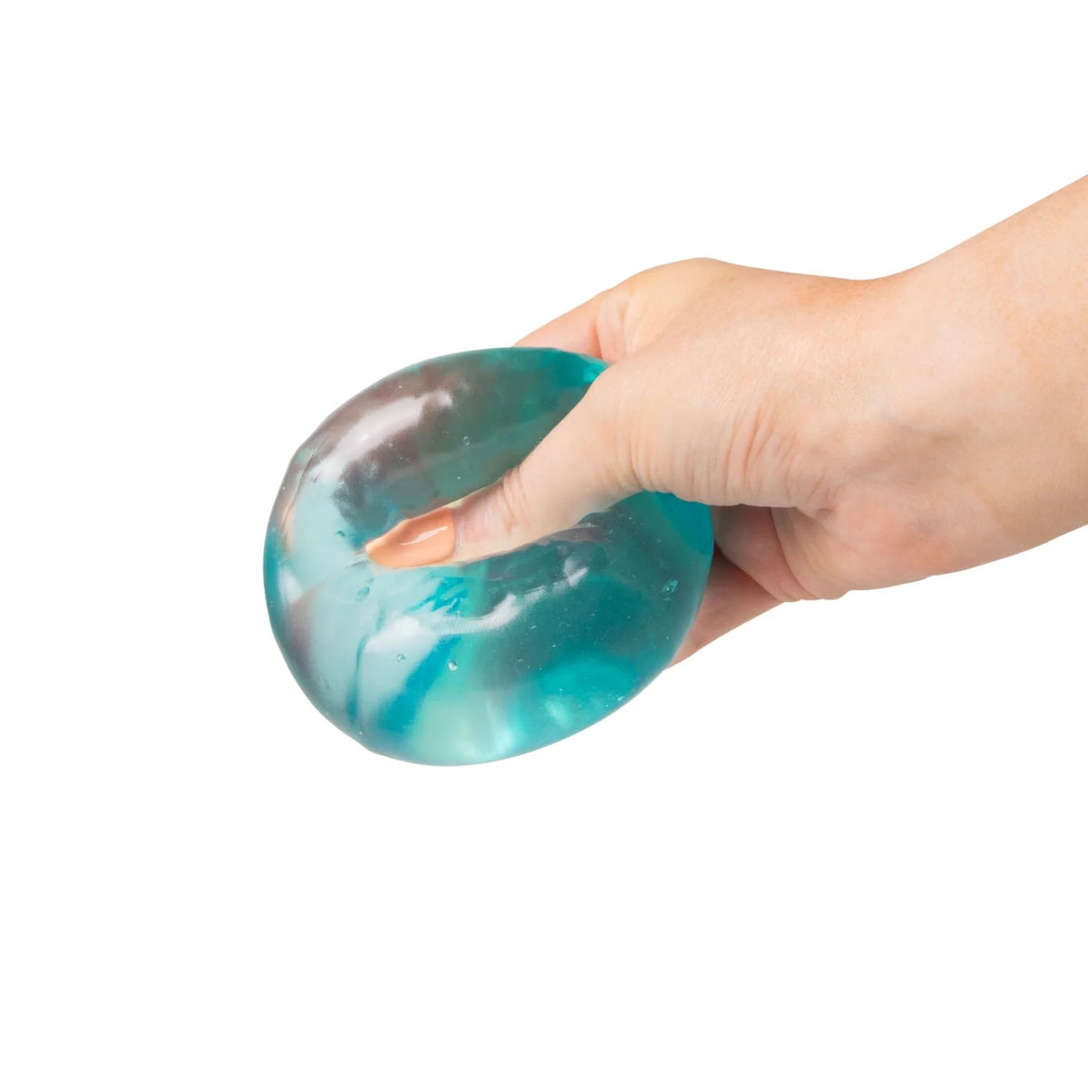 Hand holding a blue Scrunchems Sugar Cube against a white background