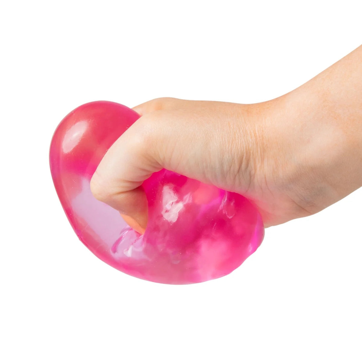 Hand holding a pink Scrunchems Sugar Cube against a white background