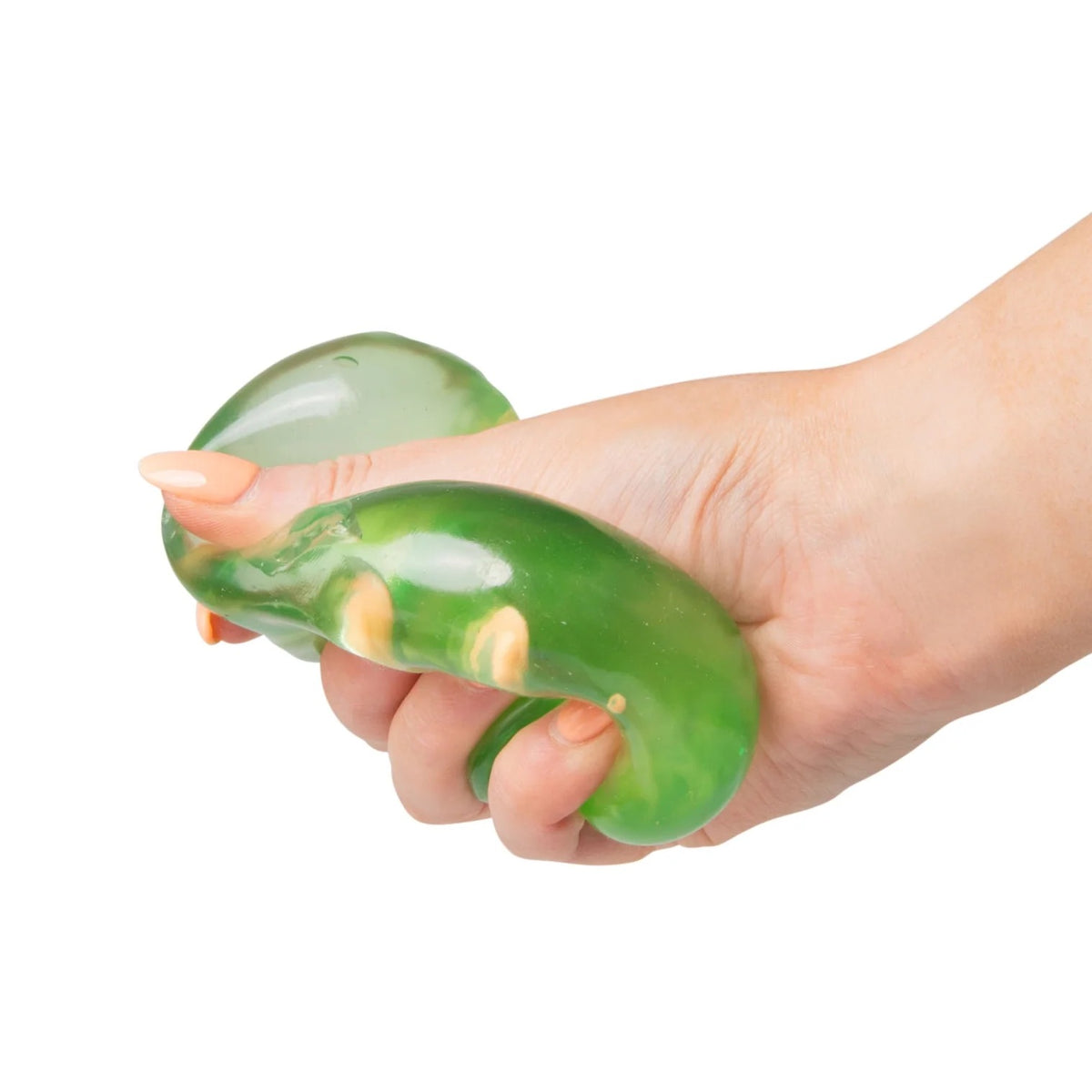 Hand holding a green Scrunchems Sugar Cube against a white background