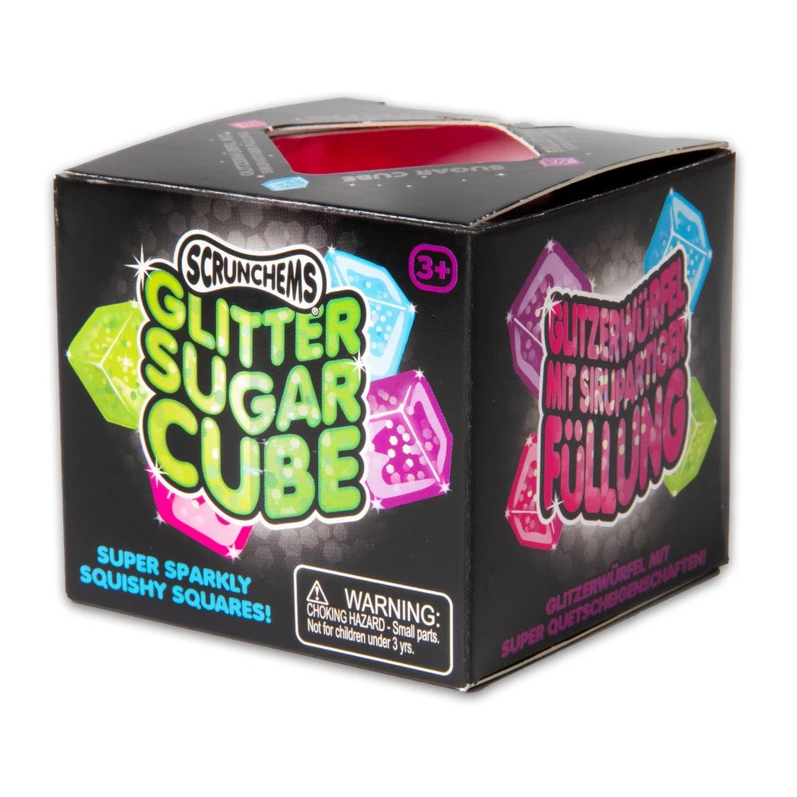 Box of Scrunchems Glitter Sugar Cube toy with colorful text and warning label.