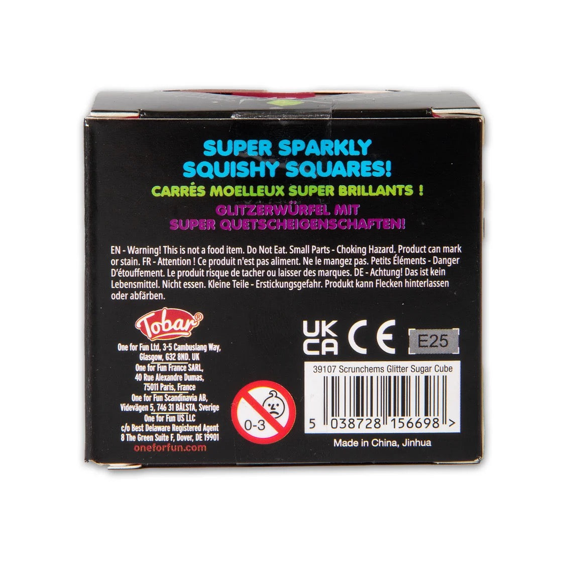 Back of a packaging box for 'Super Sparkly Squishy Squares' with text and branding.