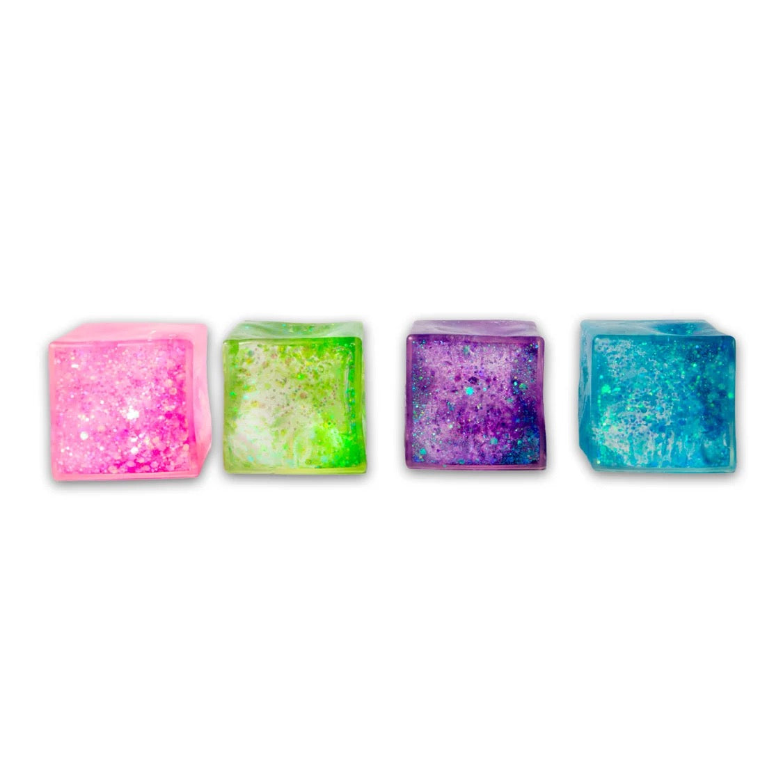Four colourful Scrunchems Glitter Cubes on a white background