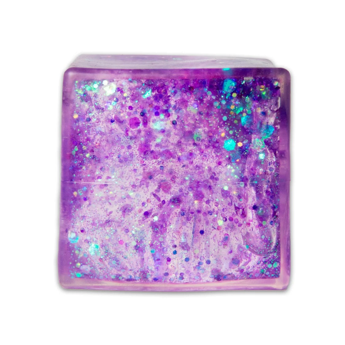 Purple glittery cube on a white background
