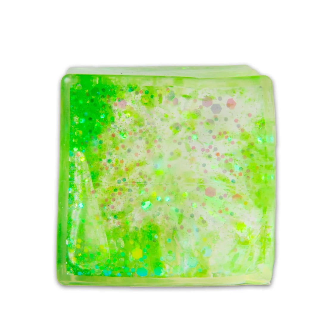 Square green Scrunchems Glitter Cube on a white background