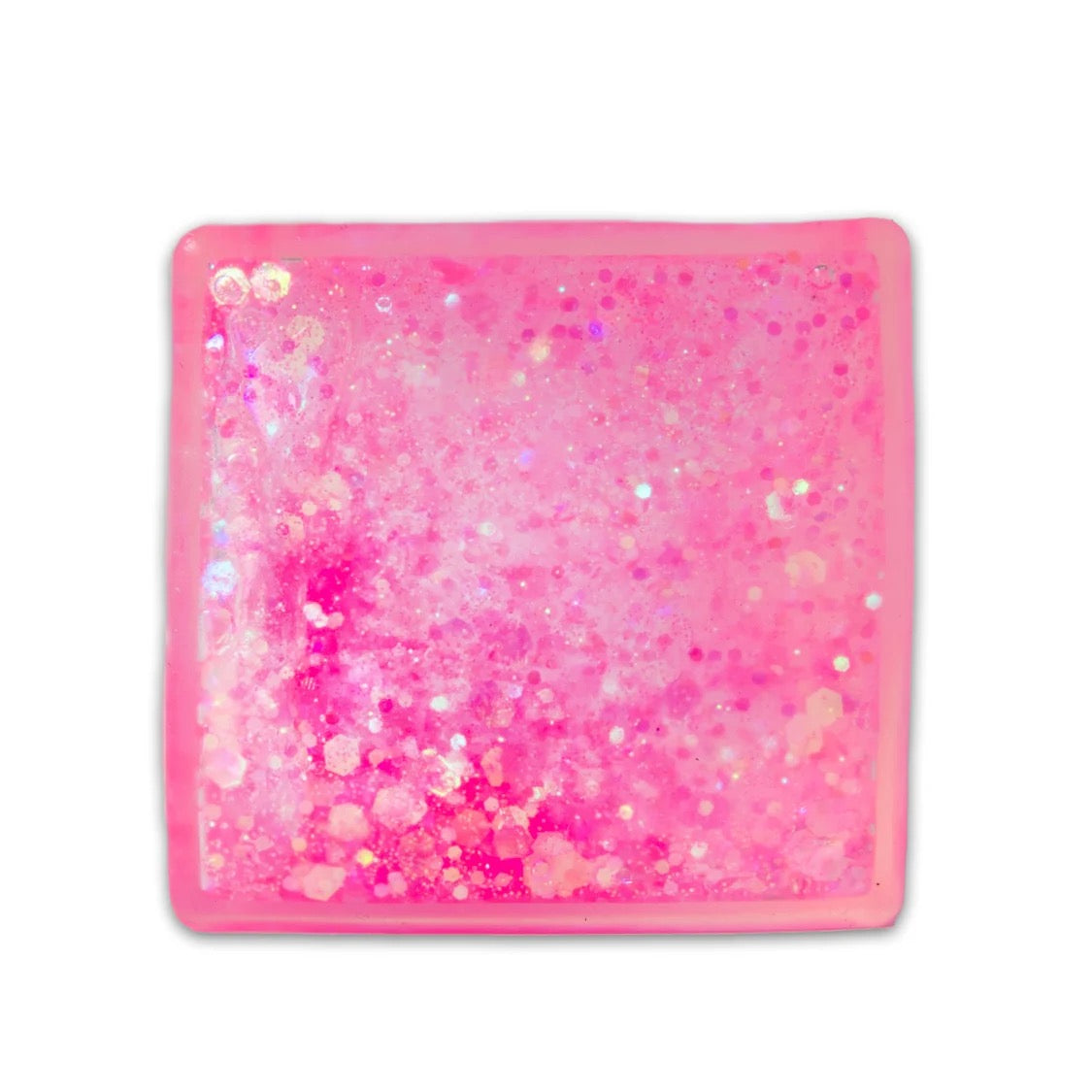 A square pink Scrunchems Glitter Cube shown on a plain white background.