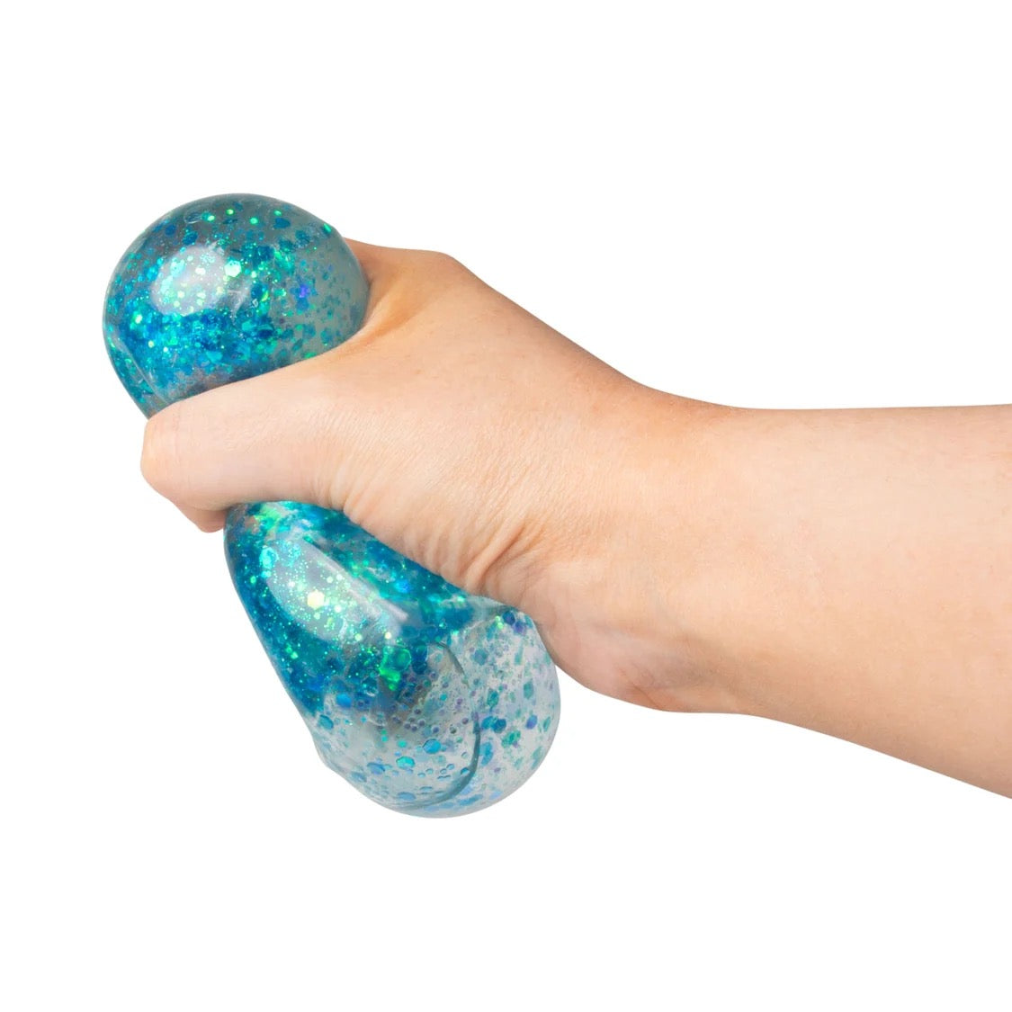 Hand holding a blue Scrunchems Glitter Cube against a white background