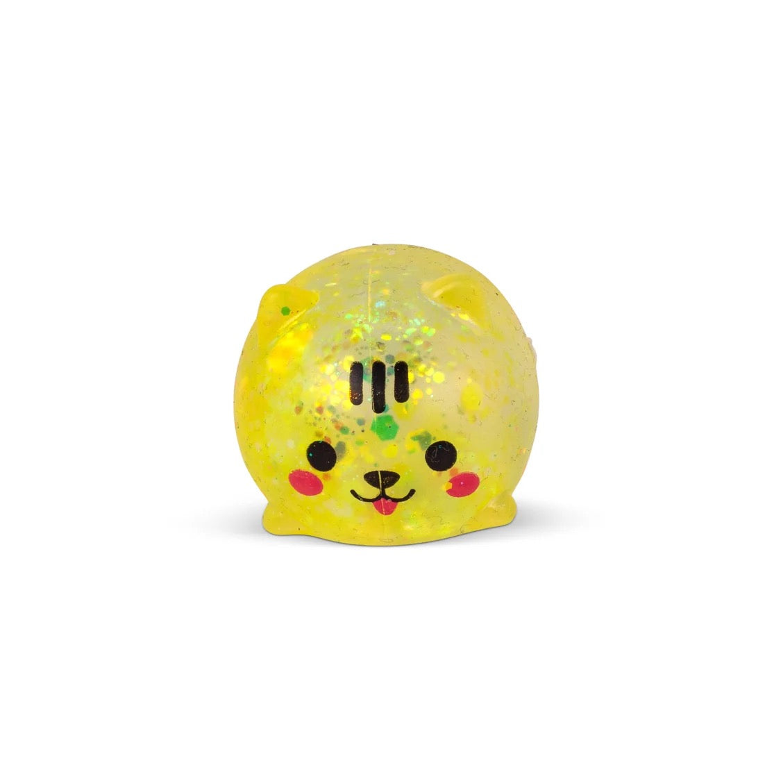 Yellow glittery Scrunchems Sugar Squishy Kitty with a face on a white background