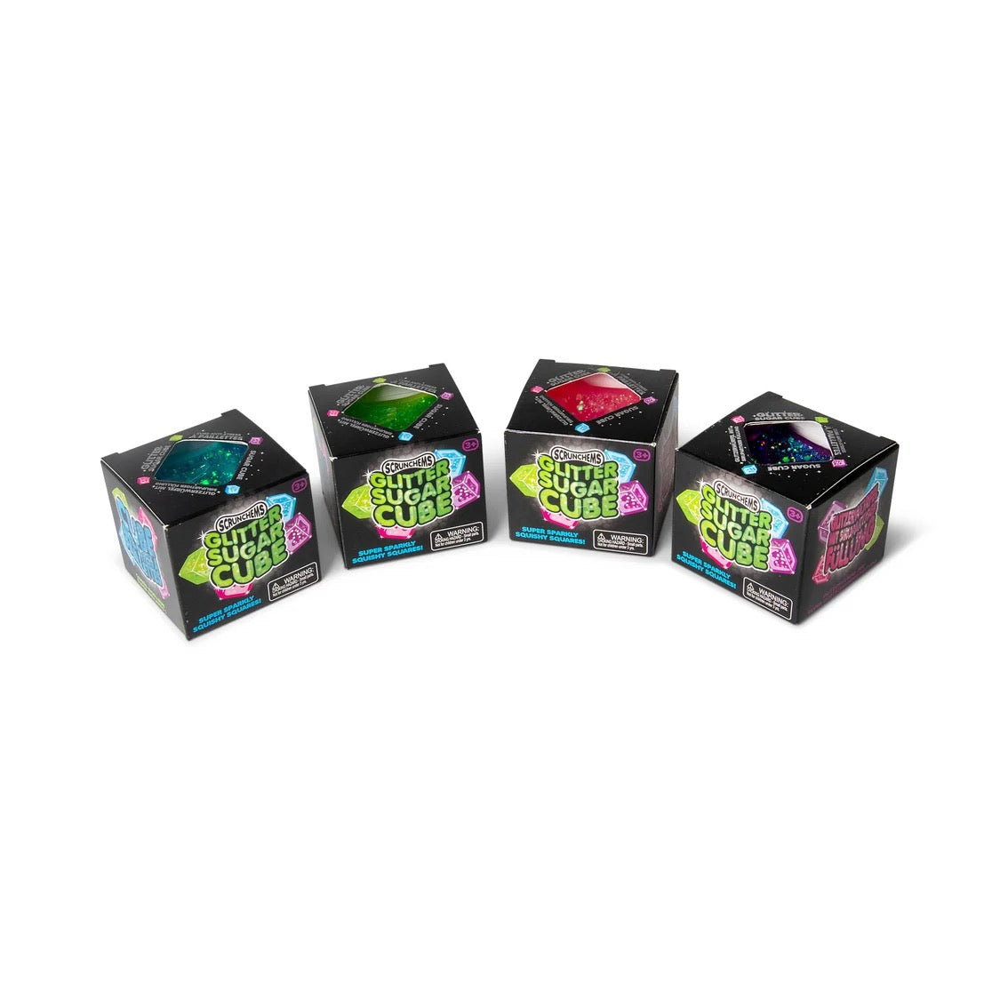 Four boxes of Scrunchems Glitter Cubes  on a white background