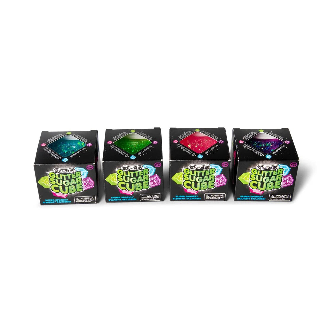 Four boxes of Scrunchems Glitter Cubes on a white background