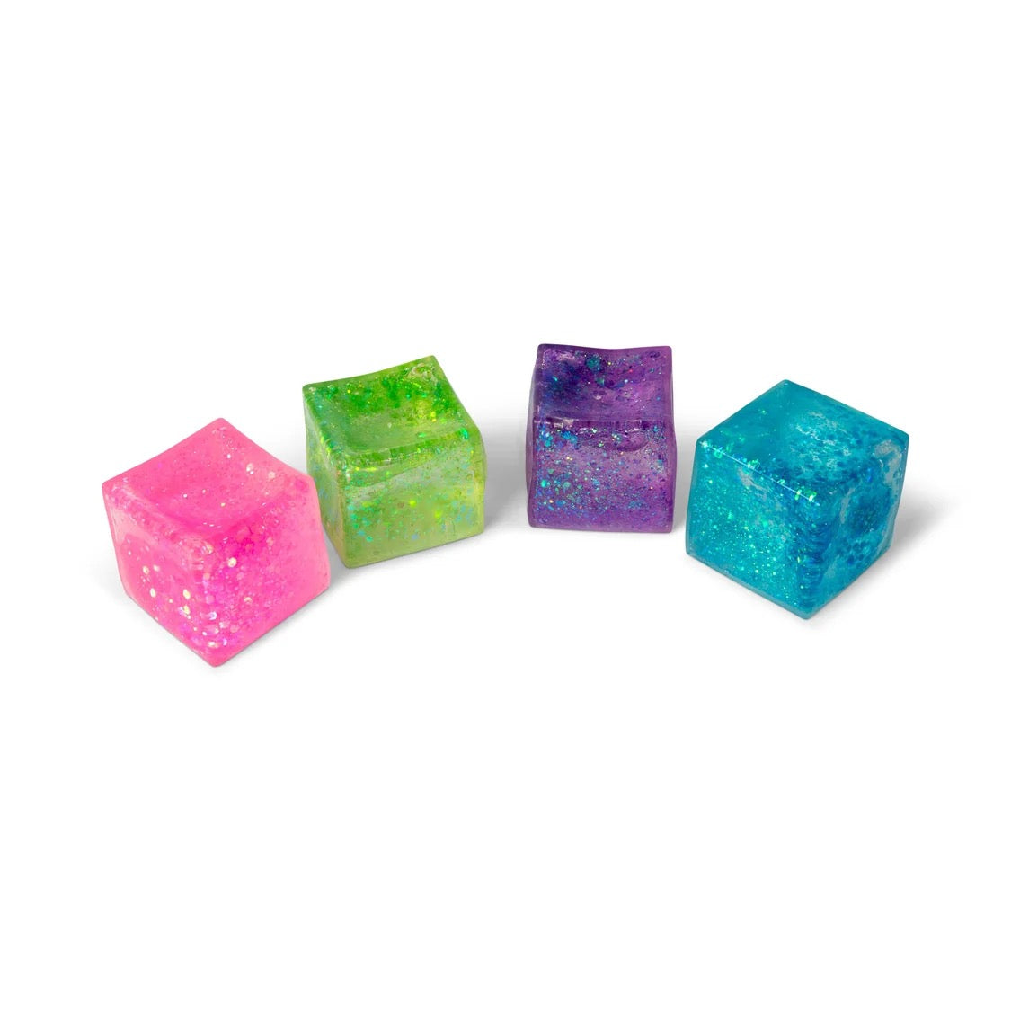 Four colourful glittery cubes on a white background
