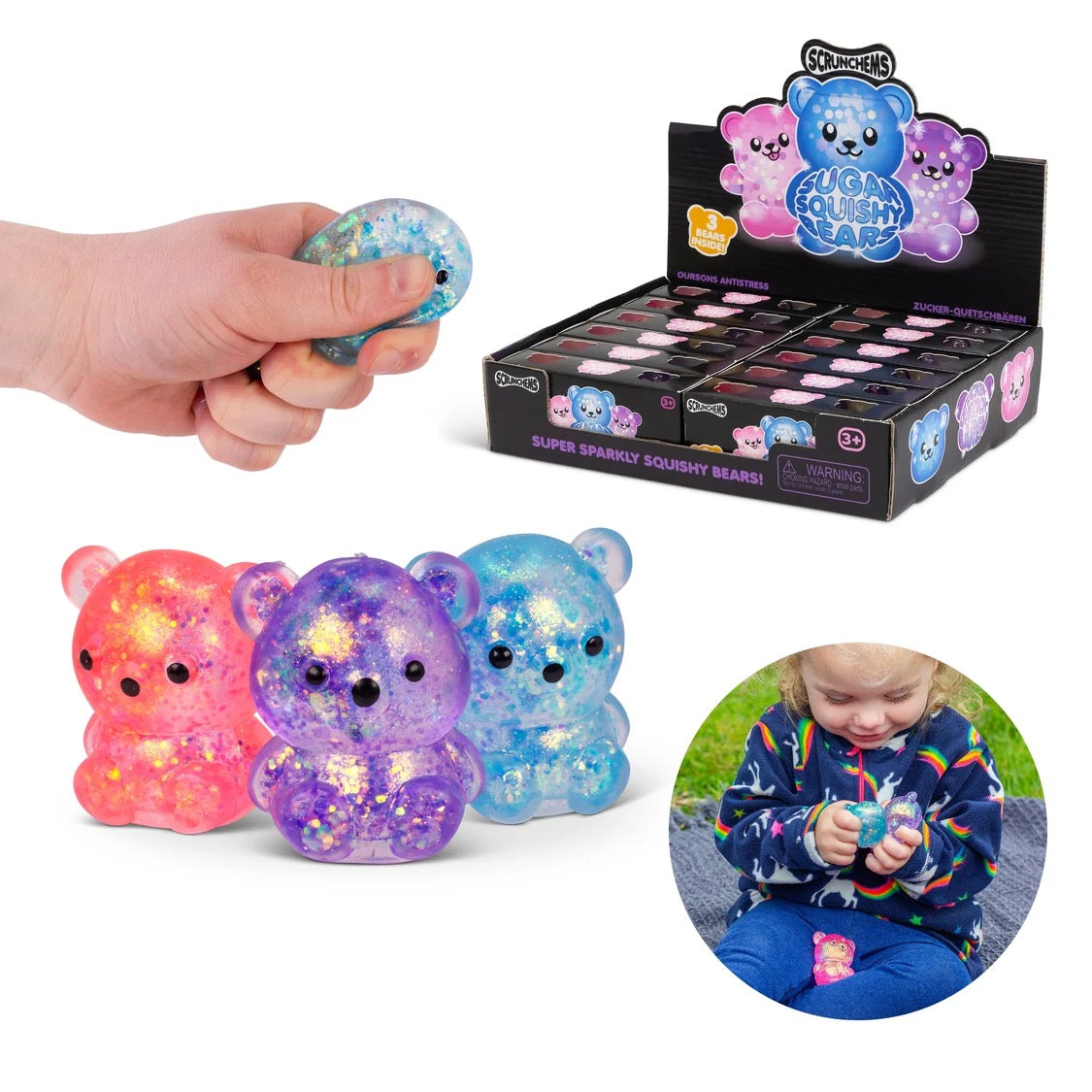 Colourful squishy bear toys with packaging and a child playing with one.