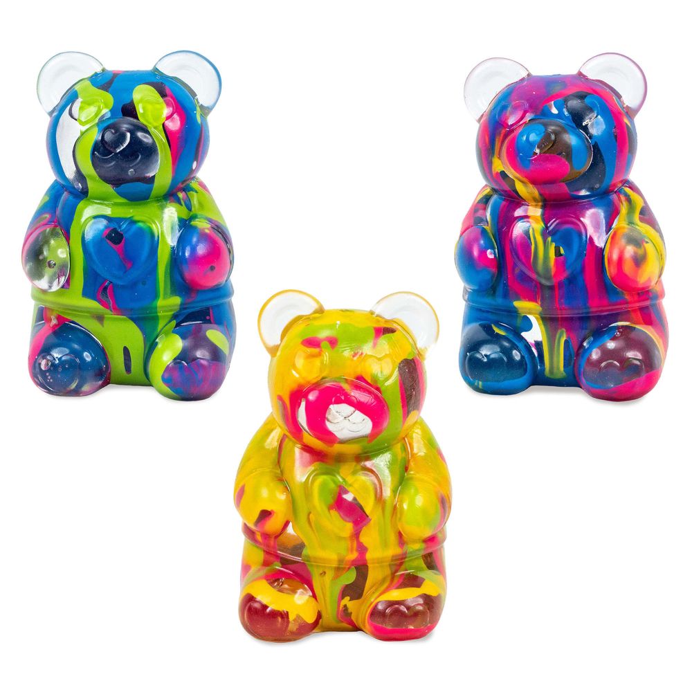 Three colorful, transparent bear-shaped toys on a white background
