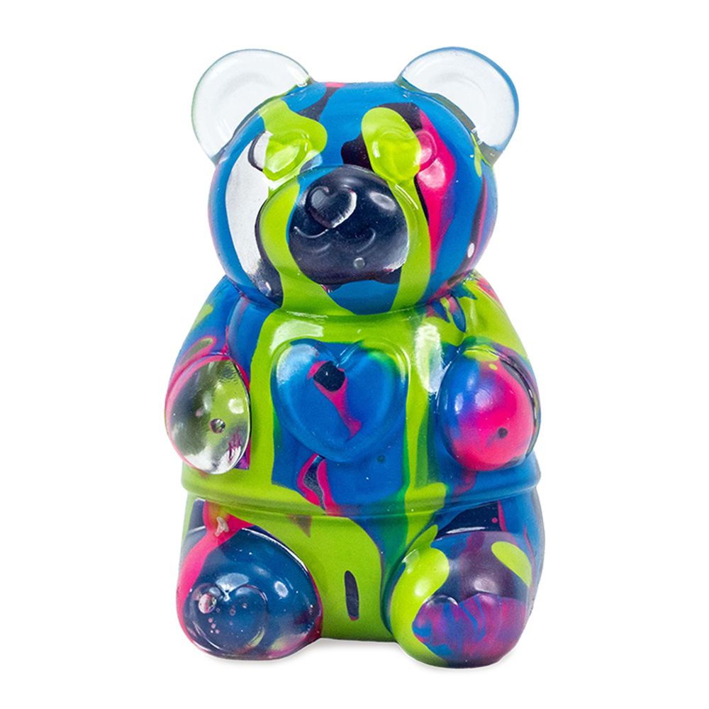 Colourful teddy bear-shaped ink squish with a white background
