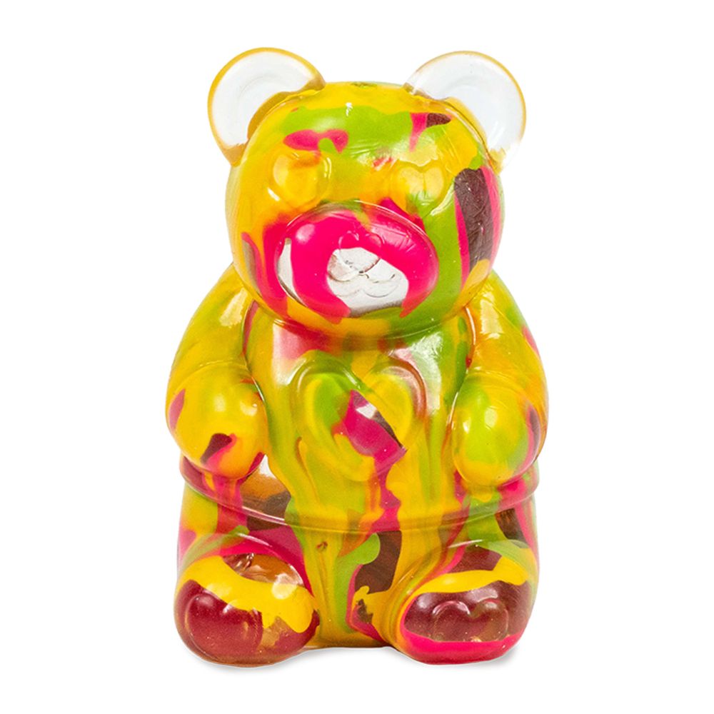 Colourful gummy bear-shaped ink squish fidget on a white background