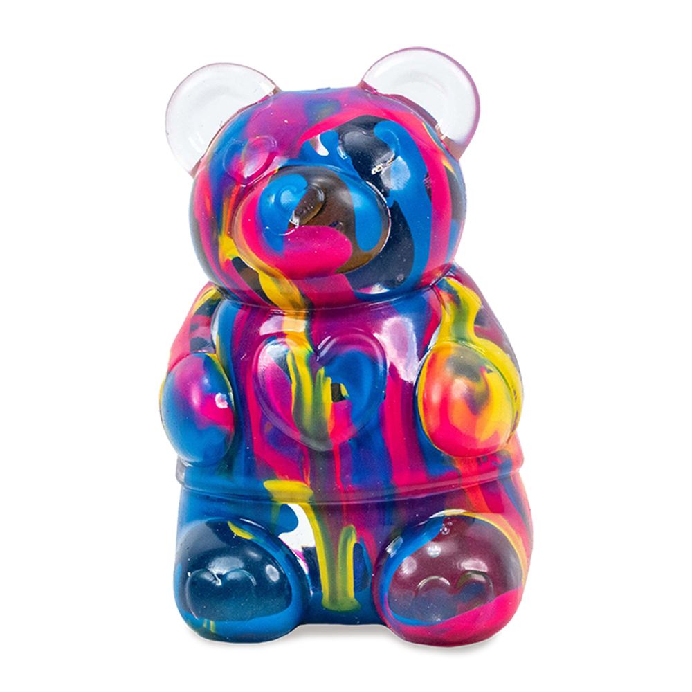 Colourful gummy bear-shaped ink squish fidget on a white background
