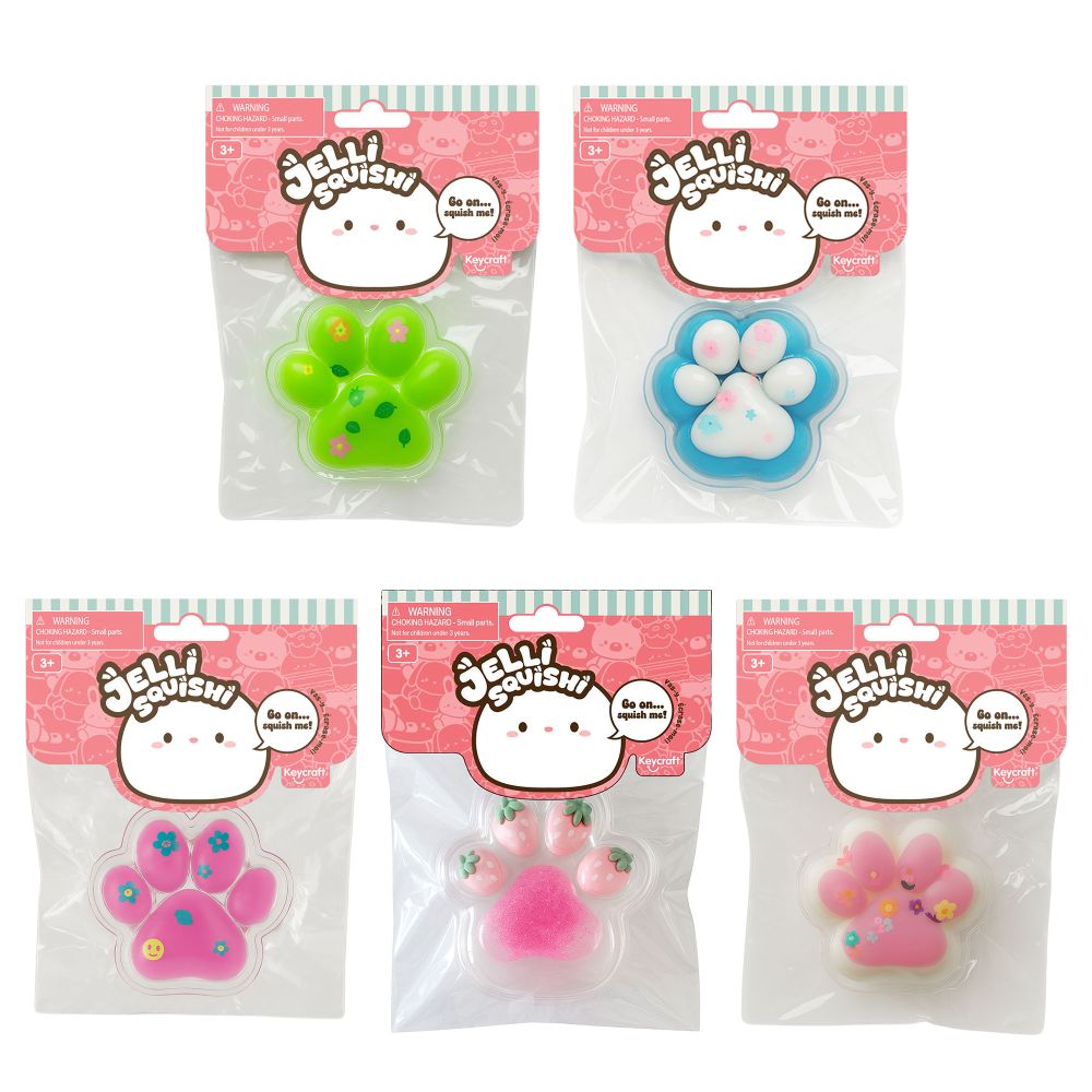 Five packages of Jelly Squishies with colorful paw-shaped squishies on a white background.