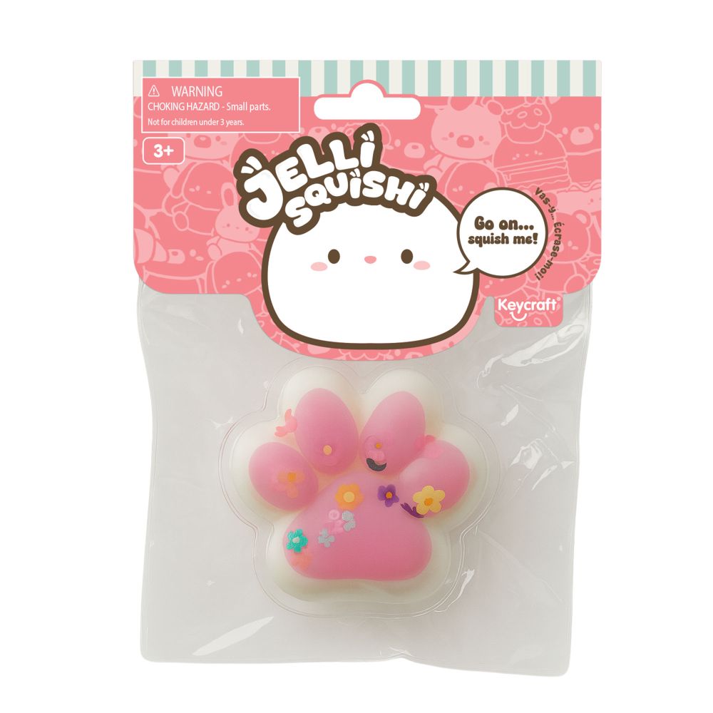 Pink squishy toy with 'Jelly Squishi' branding on packaging