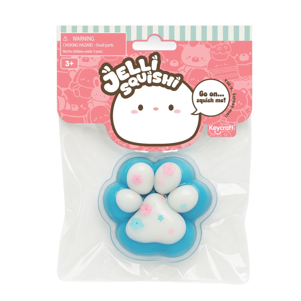 Jelly Squishi toy in packaging with pink and white striped background