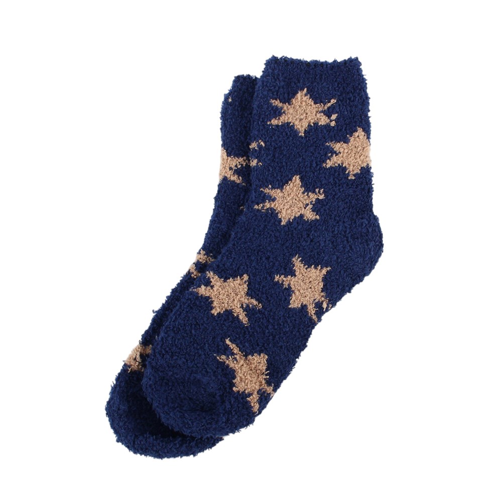 pair of fluffy dark blue socks with yellow stars.