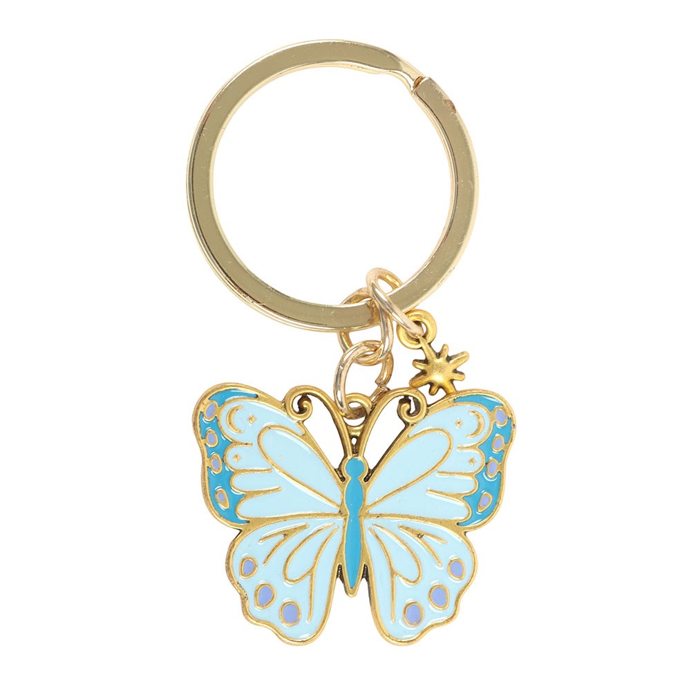 Blue enamel butterfly keyring with gold metal ring