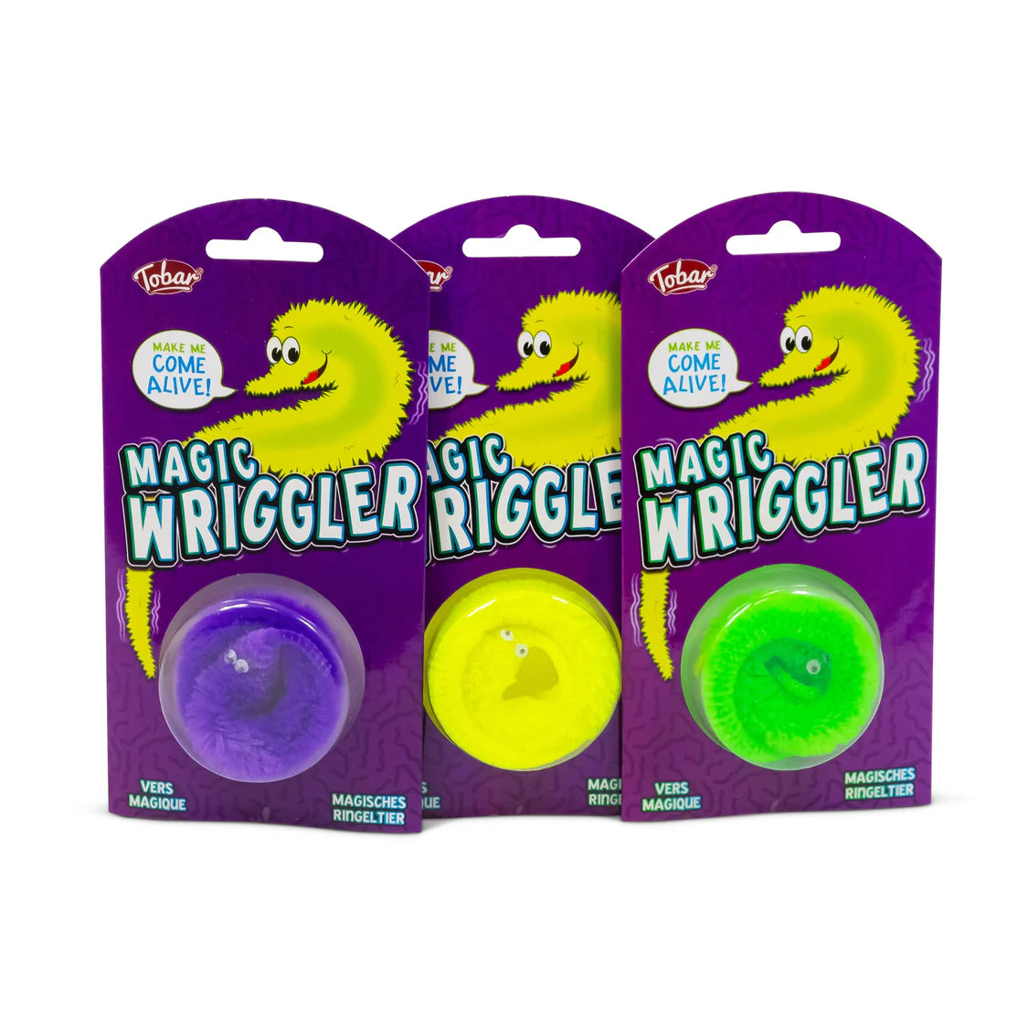 Three packages of Magic Wriggler toys on a white background