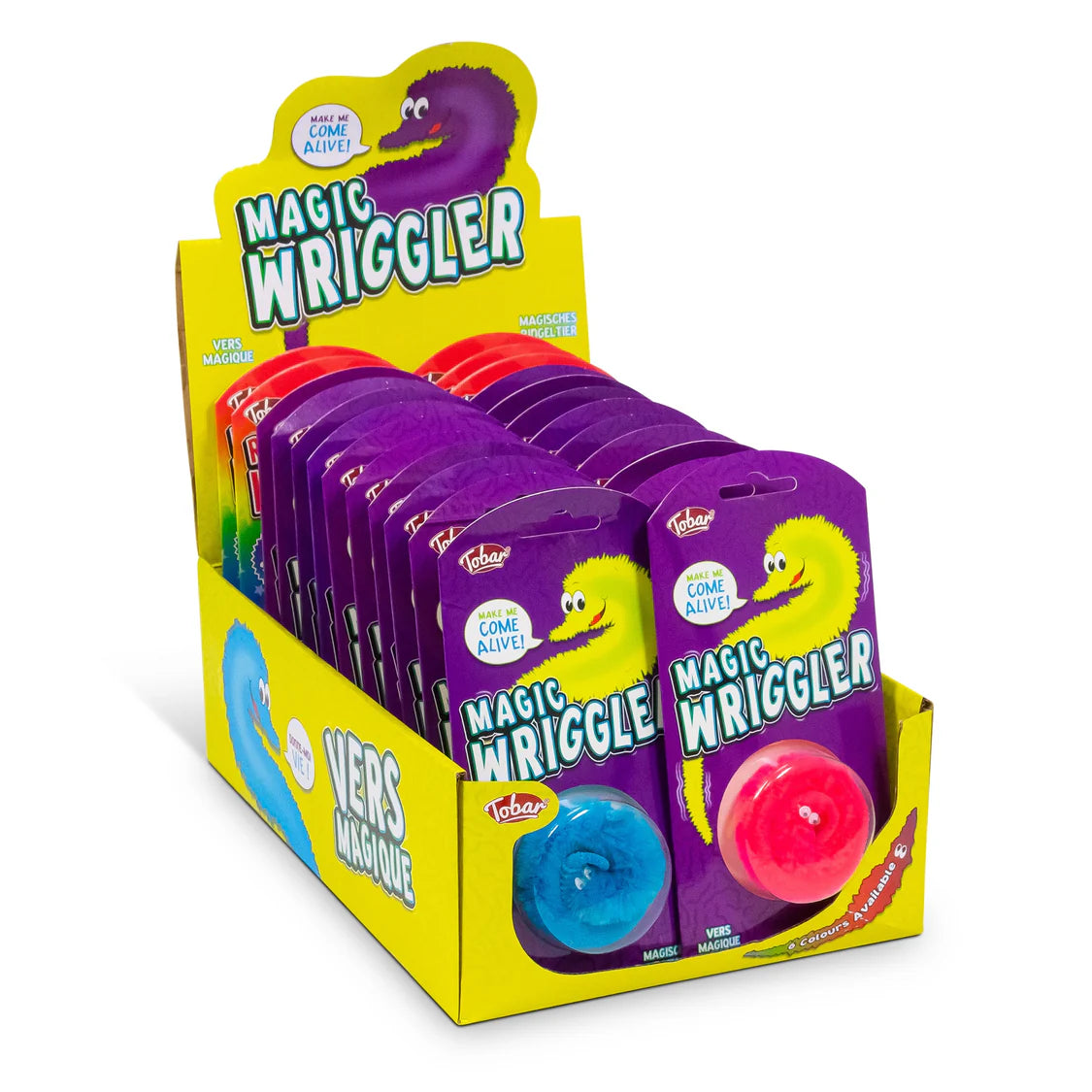 Display of Magic Wriggler toys in colorful packaging on a white background