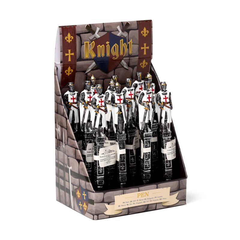 Display of pens with knight-themed packaging on a white background