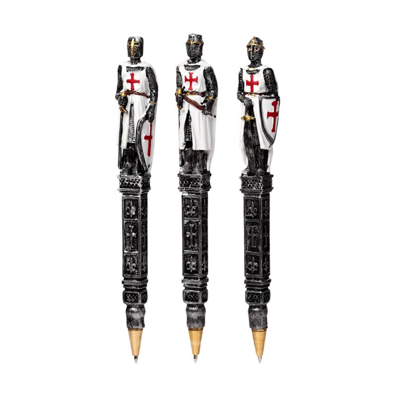 Three pens of knights in armour with Crusader crosses on a white background