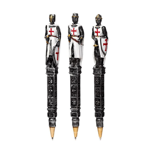 Three pens of knights in armour with Crusader crosses on a white background