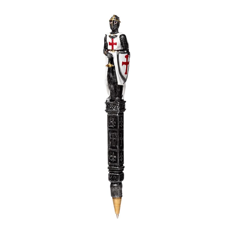 Pen with a figurine of a knight holding a flag on a white background