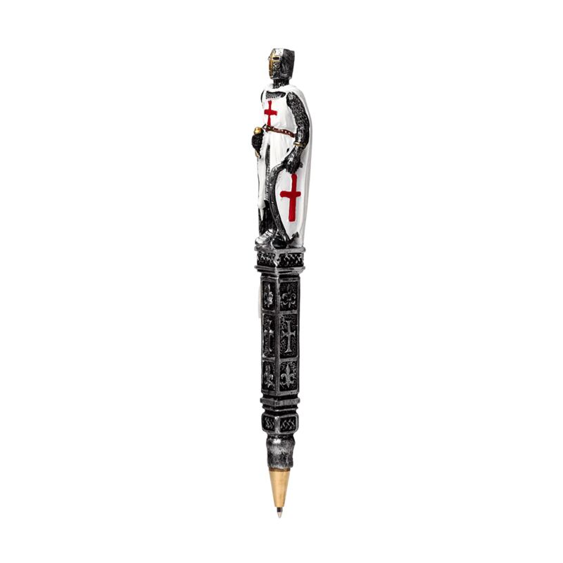 Decorative pen with intricate design and cross symbol on a white background